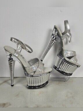 Ellie Disco 6" Cross Textured Platform Silver Clear Stripper Dancer Heels, Sz 5